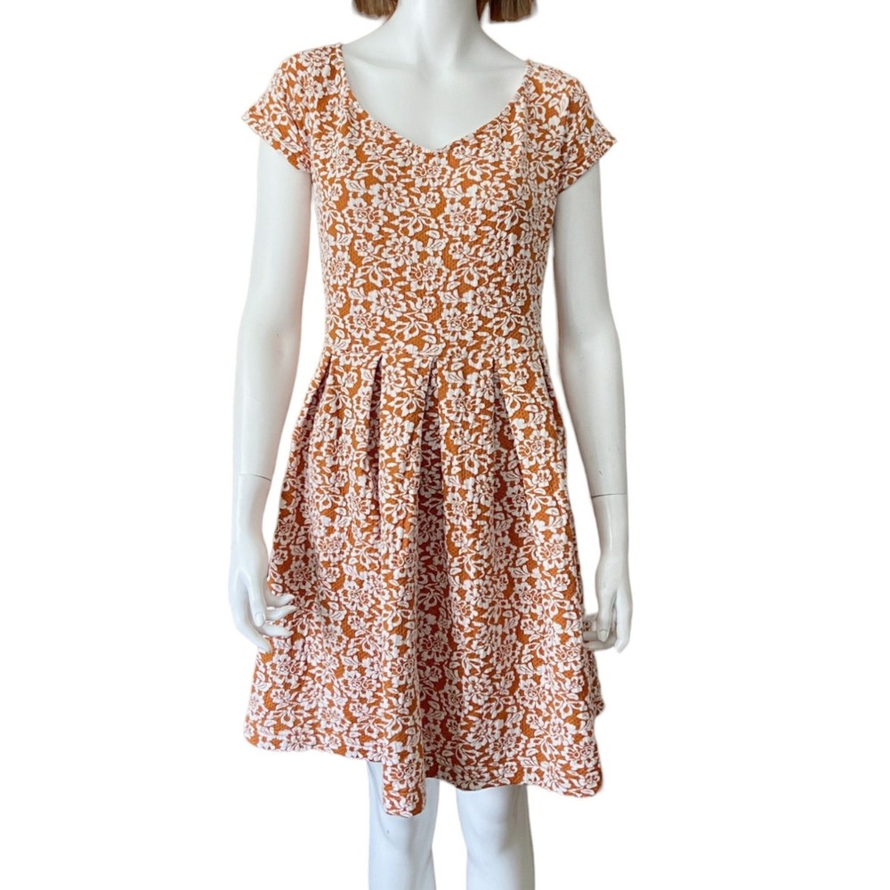 Era by Modcloth Fit & Flare Orange & White Floral Sleeveless Dress Women Size L